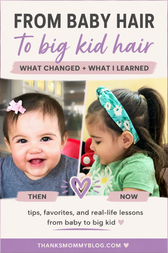 Pinterest graphic about baby girl hair through the years, featuring hair bows, elastics, a headband, and a wooden hairbrush with tips and lessons from baby to big kid.