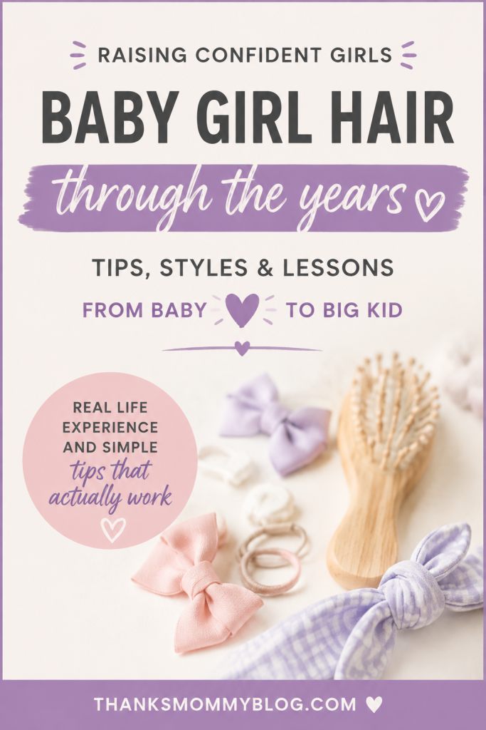 Pinterest graphic about baby girl hair through the years, featuring hair bows, elastics, a headband, and a wooden hairbrush with tips and lessons from baby to big kid.