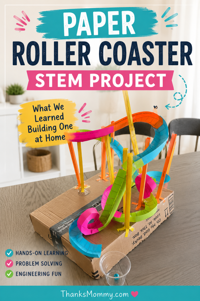 Paper roller coaster STEM project Pinterest graphic featuring a colorful homemade roller coaster